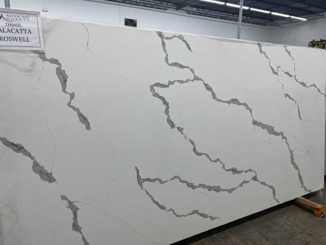 Close up Calacatta quartz with dramatic veining from Patty Countertops