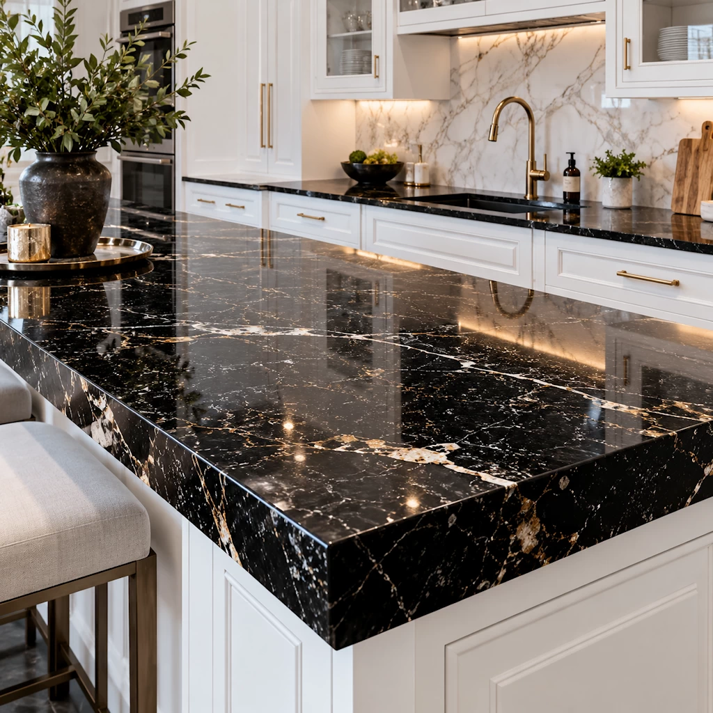 Dramatic dark stone countertop installation in Dunwoody Georgia by Patty Countertops