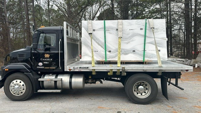 Patty Countertops truck transporting quartz slab in Georgia
